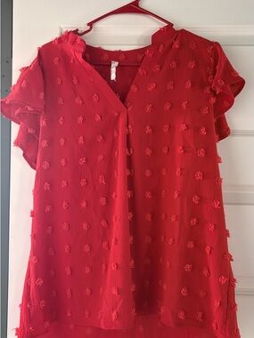 Red Textured Flutter Sleeve V-Neck Top